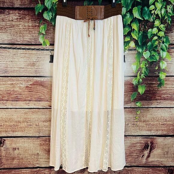 Wrangler Women's Ivory Boho Maxi Skirt Medium Woven Belt Floral Lace Cowgirl - Picture 4 of 9